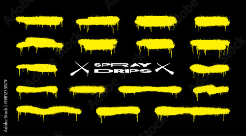 Collection Yellow Graffiti Spray Paint Drip Set on Black Background. Stencil aerosol clouds with splashes and dripping paint. Graffiti spray strips, empty templates for text. Vector street art set
