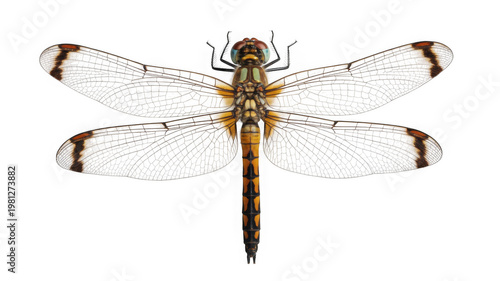 Beautiful brown and orange dragonfly with delicate wings, isolated on transparent background.