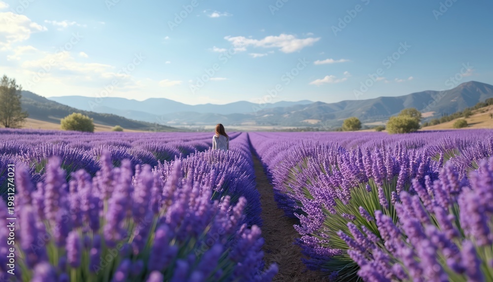 Obraz premium Woman walks through vast lavender field under blue sky. Rows of purple flowers stretch to distant hills. Person gazes ahead, enjoying peaceful nature scene, bright sunny day.