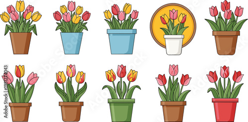 Tulip Flower Pot Icon Set Collection with Colorful Spring Plants, Home Decor, and Vector Illustration Design