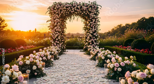 Outdoor Luxury Wedding Ceremony Setup with Floral Arch at Sunset