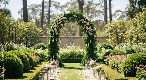 Outdoor Luxury Wedding Ceremony Setup with Floral Arch at Sunset