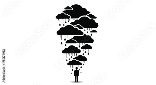 Lonely person standing under raining clouds, feeling sad and depressed, isolated on white background, vector illustration for mental health, anxiety, and stress concept
