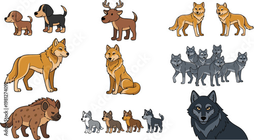Wild Animal Icon Set Collection with Wolves, Dogs, Deer, Hyena, Packs, and Vector Illustration Design