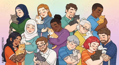 Group of diverse people hugging their pet cats in a beautiful artistic illustration representing love and connection between humans and animals