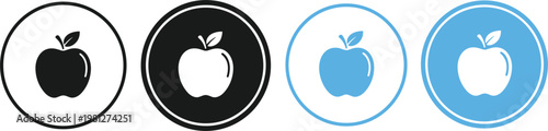 Apple icon set in circle frames with black white and blue styles isolated flat vector illustration collection