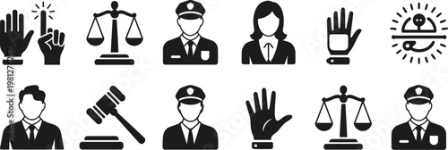 Legal Rights Scroll Icon Collection Featuring Black Silhouette Vector Symbols for Law, Justice, Legal Documents, Courtroom Concepts, and Legal Education Illustrations Isolated on White Background