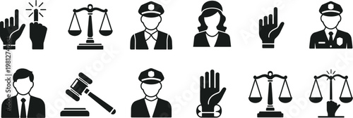 Legal Rights Scroll Icon Collection Featuring Black Silhouette Vector Symbols for Law, Justice, Legal Documents, Courtroom Concepts, and Legal Education Illustrations Isolated on White Background