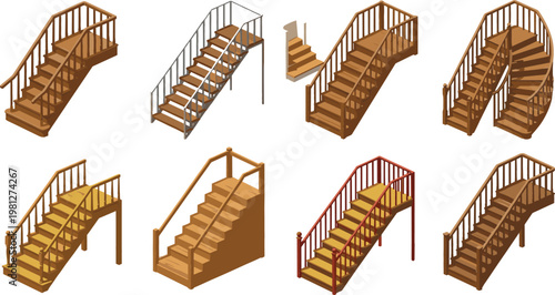 Wooden Staircase Icon Set Collection with Interior Stairs, Railings, Steps, Architecture Elements, and Vector Design