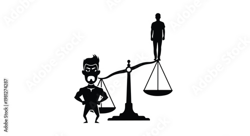 Justice scale with lawyer or judge and client or defendant standing on sides, law and justice concept in black silhouette