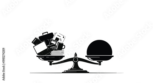 Balance scale with office supplies and globe on white background, symbolizing work-life balance, productivity, and global business concept