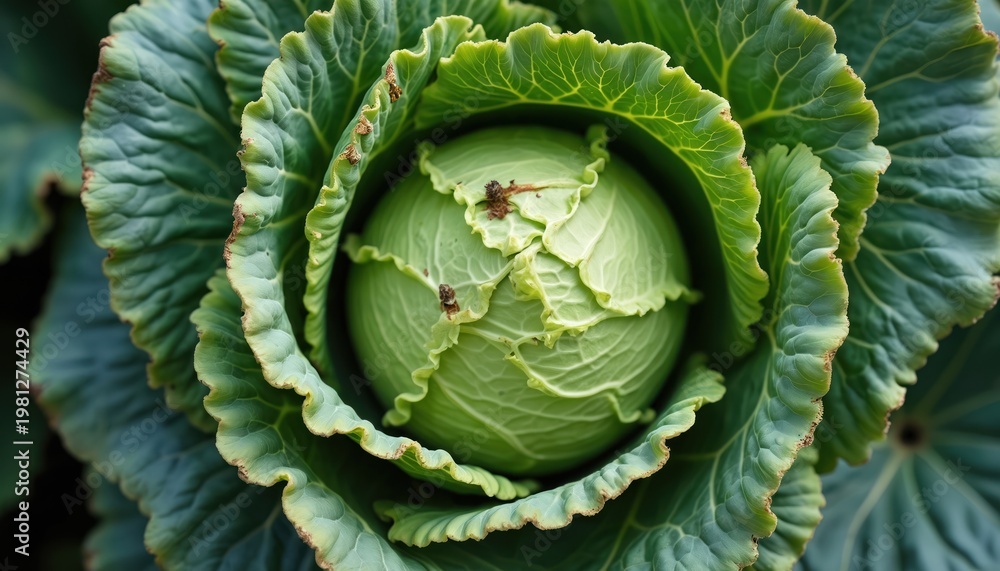 Fototapeta premium Close-up view of fresh green cabbage head showing layered leaves and intricate texture. Vegetable grows in garden bed with natural imperfections and signs of organic life.