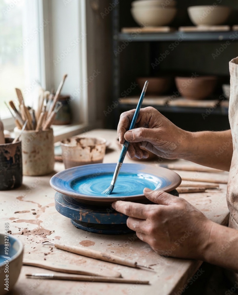 Obraz premium Artisan painting ceramic plate with blue glaze in pottery studio. Potter applying pigment pattern on clay dish using brush. Traditional craft workshop process for handmade dinnerware creation.