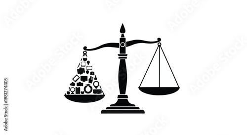 Balance scale with objects on one side and empty on the other, symbolizing inequality, justice, and comparison in a simple black and white illustration