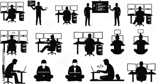 Diverse workstations and postures in a tech-oriented office environment