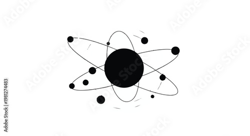 Simple black and white atomic structure model with orbiting electrons and nucleus on clean white background for science education concepts