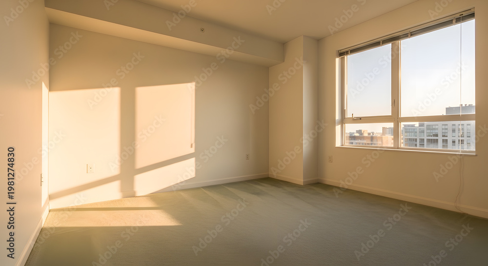 Obraz premium Empty Modern Apartment Room with Golden Hour Sunlight | Interior Real Estate Photography of Vacant Bedroom or Living Space | Minimalist Design with Warm Light and Urban City Window View | New Home