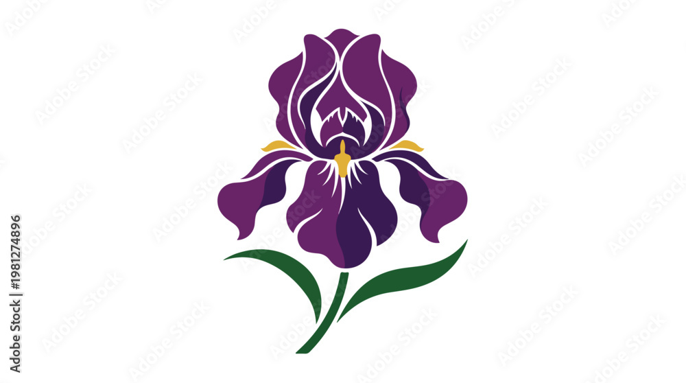 Obraz premium Elegant purple iris flower with green leaves on a clean white background, a simple botanical illustration