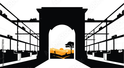 Modern industrial bridge architecture with orange sunset background, silhouette of tree, urban landscape, cityscape, infrastructure, transportation, travel, tourism, scenic view, sunset