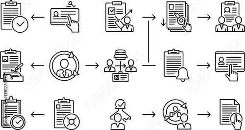 Workflow Process and Document Management Icons Set for Business, Project Management, and Organization Systems