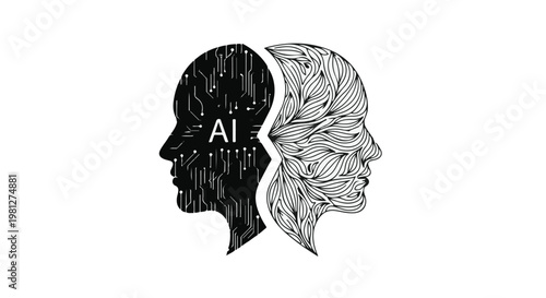 Artificial intelligence versus human mind, AI vs human brain, robotic vs natural intelligence concept, futuristic illustration