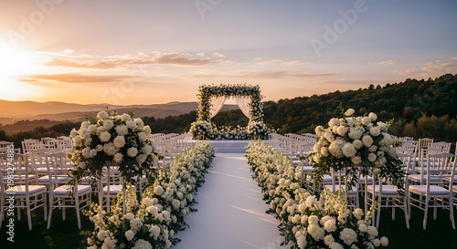 Outdoor Luxury Wedding Ceremony Setup with Floral Arch at Sunset