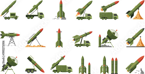 Military Rockets and Missile Systems Icon Set in Simple Style, Defense Technology Vector Illustration for Army Presentations, Infographics, Strategic Planning, and Modern Warfare Visual Design Project