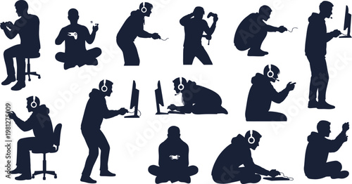 Diverse postures of people engaging with digital devices in various settings