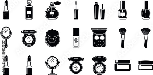 Cosmetic and Beauty Tools Icon Set Featuring Lipstick, Perfume, Makeup Brushes, and Nail Polish for Beauty and Fashion Designs