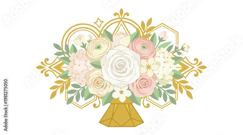 Elegant bouquet of pastel roses and hydrangeas with delicate gold geometric accents on a white background