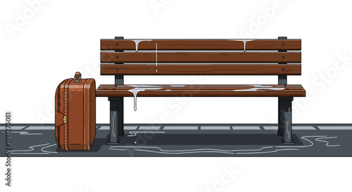 A classic brown suitcase rests on a damp platform next to a wooden bench covered in patches of melting white snow during a cold winter day in flat style.
