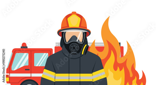 A detailed close-up portrait features a professional firefighter wearing a dark protective jacket and orange helmet while a large intense fire blazes.