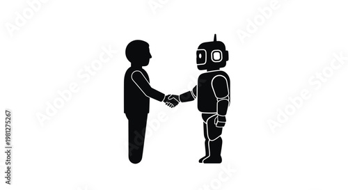 A clean black silhouette illustrates a meaningful handshake between a human figure and a friendly robot against a pristine white background with high contrast.