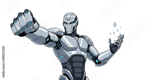 A formidable silver robotic warrior stands in a dynamic action pose with its metallic fist extended forward while glowing blue energy particles emerge.