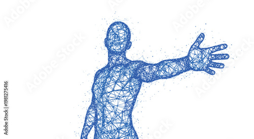 A complex blue digital wireframe of a human figure reaches forward with an open hand against a stark white background with glowing network connections.
