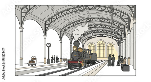 A vintage steam locomotive billows white smoke while pulling into a grand nineteenth-century station filled with passengers in a classic sepia color tone.