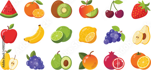Modern Flat Fruit Icon Collection Featuring Watermelon, Lemon, Banana, Cherry, Apple, Orange, Grape, Strawberry, and Pomegranate, Vibrant Color Vector Set for Food Design, Apps, and Creative Projects