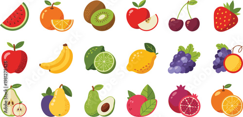 Modern Flat Fruit Icon Collection Featuring Watermelon, Lemon, Banana, Cherry, Apple, Orange, Grape, Strawberry, and Pomegranate, Vibrant Color Vector Set for Food Design, Apps, and Creative Projects