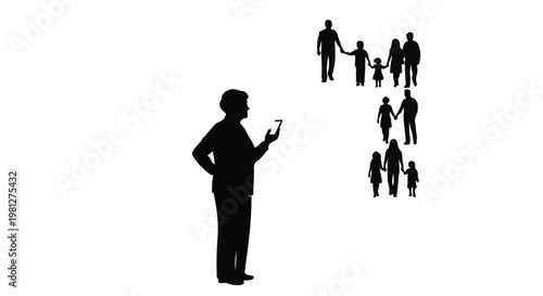 Businessman leader standing alone with smartphone surrounded by group of people silhouettes in black isolated background