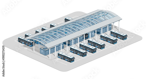A sprawling isometric bus terminal features a long curved glass canopy sheltering numerous blue vehicles parked in organized rows in a cool blue color palette.
