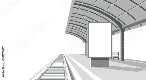 An angled perspective of a clean train station platform highlights a large blank white billboard beneath a massive curved gray metal roof in bright light.