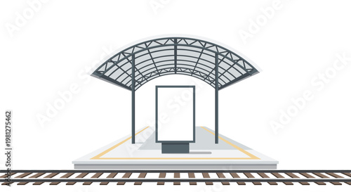 A modern train station platform displays a large blank vertical billboard positioned centrally under a wide curved metal canopy in a clean gray color motif.