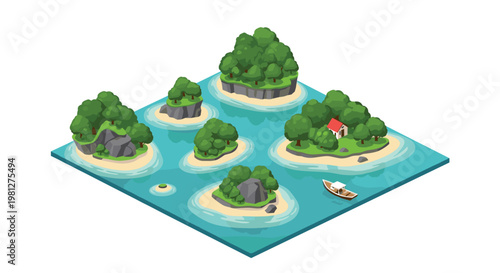 A vibrant isometric tropical archipelago features lush green islands with rocky cliffs and a small house situated in the ocean under a bright sunny sky.