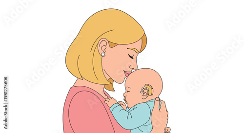 A tender blonde mother wearing a pink shirt gently cradles her sleeping infant who is wearing a small beige hearing aid behind his tiny ear in a profile view.