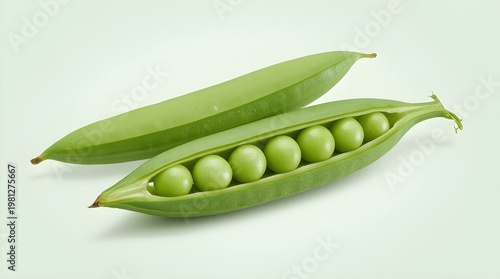 Two green pea pods are displayed against a transparent background, slightly overlapping each other. The pods are partially open, revealing a row of round, bright green peas neatly aligned inside.