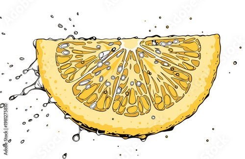 A vibrant and refreshing vector graphic illustration featuring a meticulously detailed juicy lemon slice with dynamic water splashes and sparkling droplets, highlighting its invigorating citrus essenc