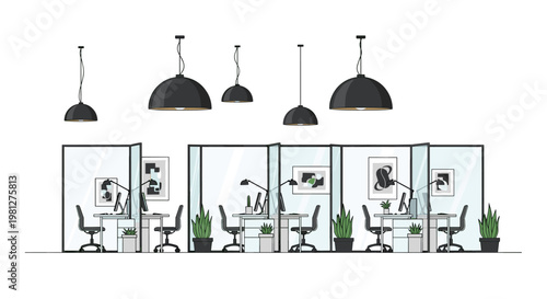 Multiple modern office workstations with transparent glass partitions are meticulously arranged under large black dome pendant lights with vibrant green potted plants nearby.