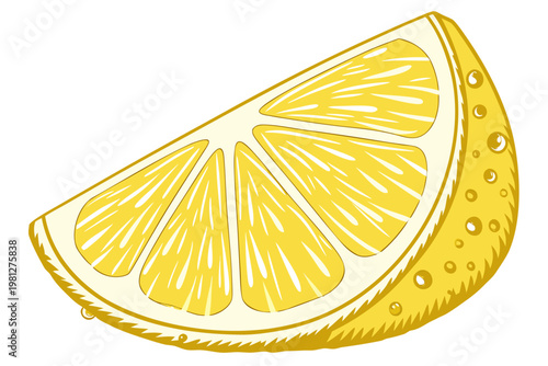 Vibrant yellow lemon fruit wedge captured as a professional vector graphic illustration showcasing detailed pulp segments and textured rind structure for culinary design projects while maintaining hig