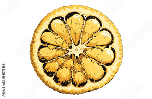 Detailed vector illustration of a sliced juicy lemon showing internal pulp segments with bright vibrant yellow colors highlighting the refreshing citrus fruit essence and textures within this artistic