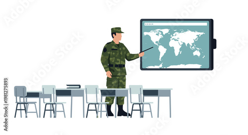 A military officer viewed from the side points a baton toward a large digital monitor displaying a world map inside a quiet and empty classroom setting.